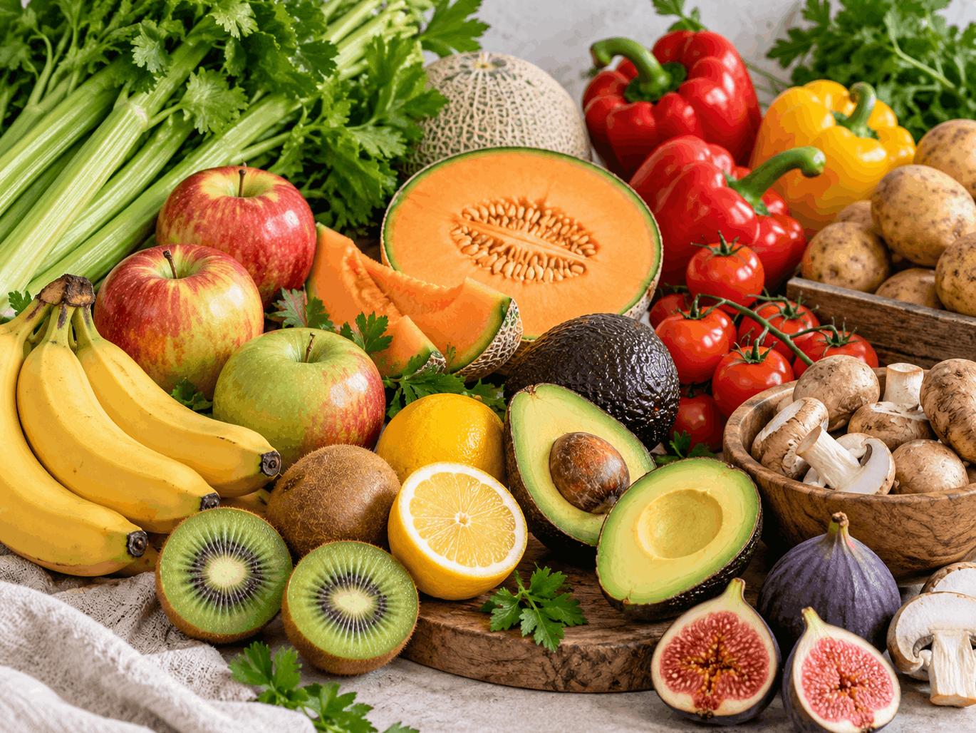 Frisches Obst und Gemüse mit Kiwi, Bananen, Melone, Kartoffeln, Paprika, Tomaten, Avocado, Sellerie, Äpfeln und Feigen