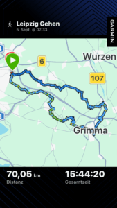 Garmin-Aufzeichnung meines 70 km Hike Deluxe bei Leipzig mit 70,05 km und 15:44:20 Stunden Gesamtzeit